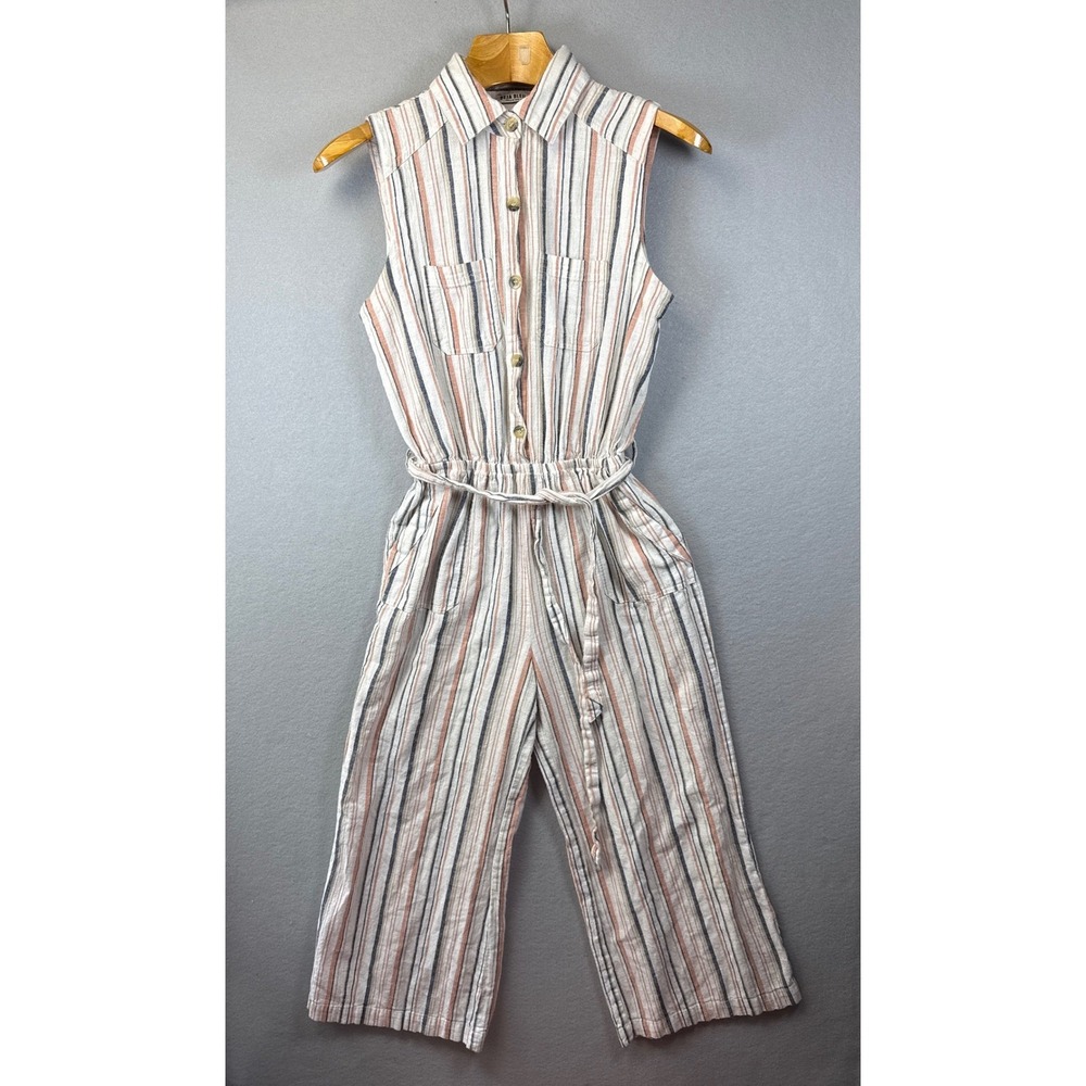 Deja Bleu Striped Jumpsuit Sleeveless Pockets & Belt Cotton Blend Size M Coastal